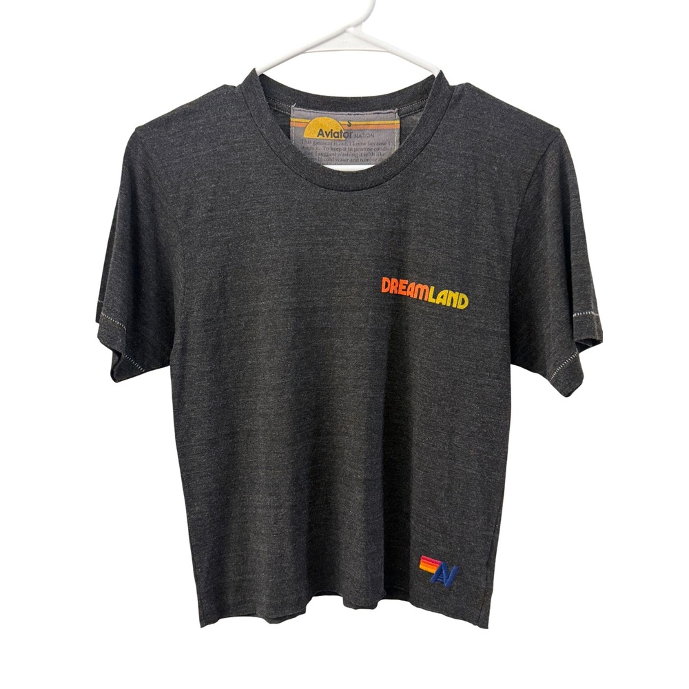 Aviator Nation Dreamland Graphic Cropped T-Shirt Charcoal Gray Small Made in USA